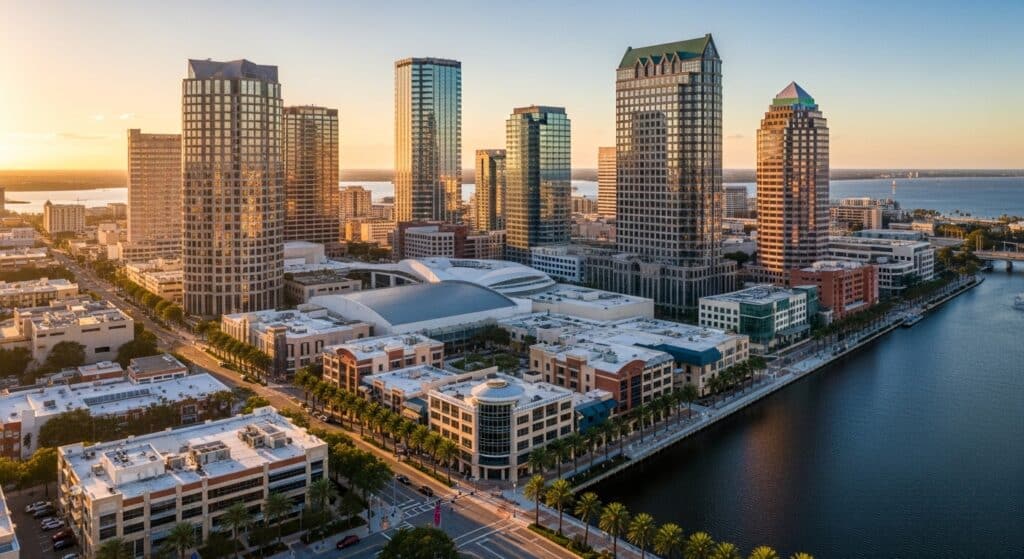 Aerial view of commercial property for sale Tampa investors target, showing modern office towers and waterfront mixed-use developments along the Hillsborough River.