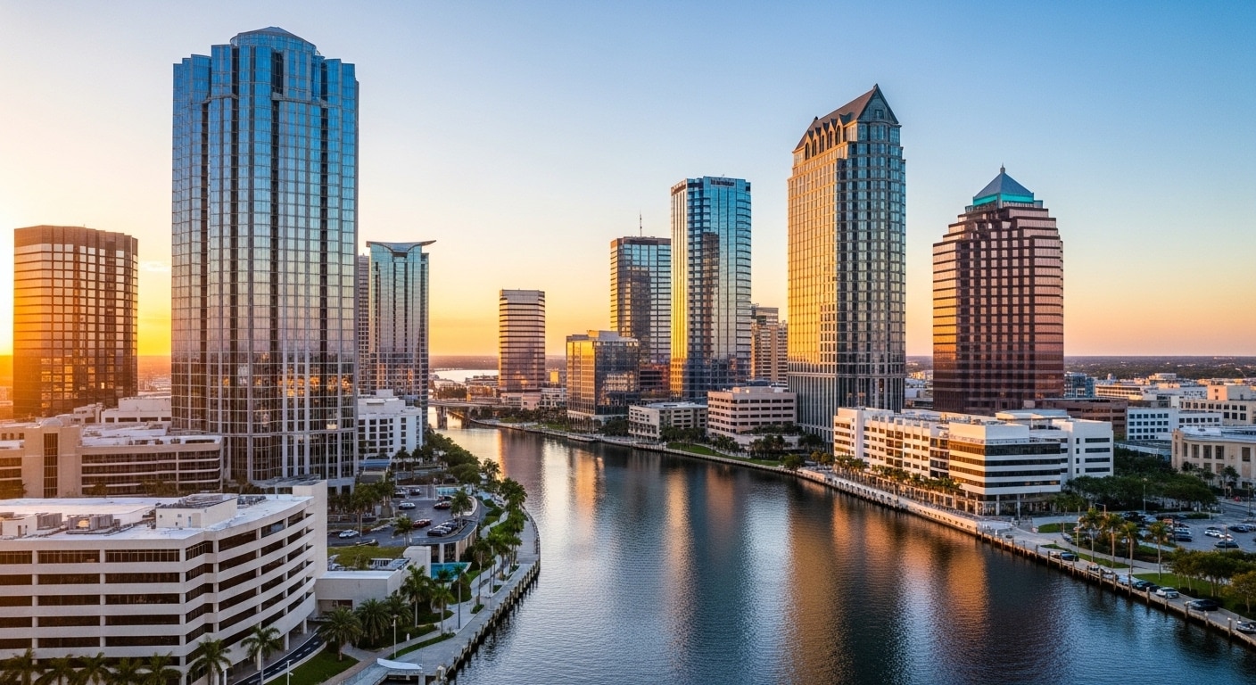 Aerial golden-hour view of downtown Tampa skyline highlighting commercial real estate investment opportunities in Florida.