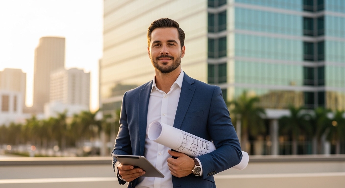 Professional broker standing in front of Miami commercial skyline representing Florida real estate expertise