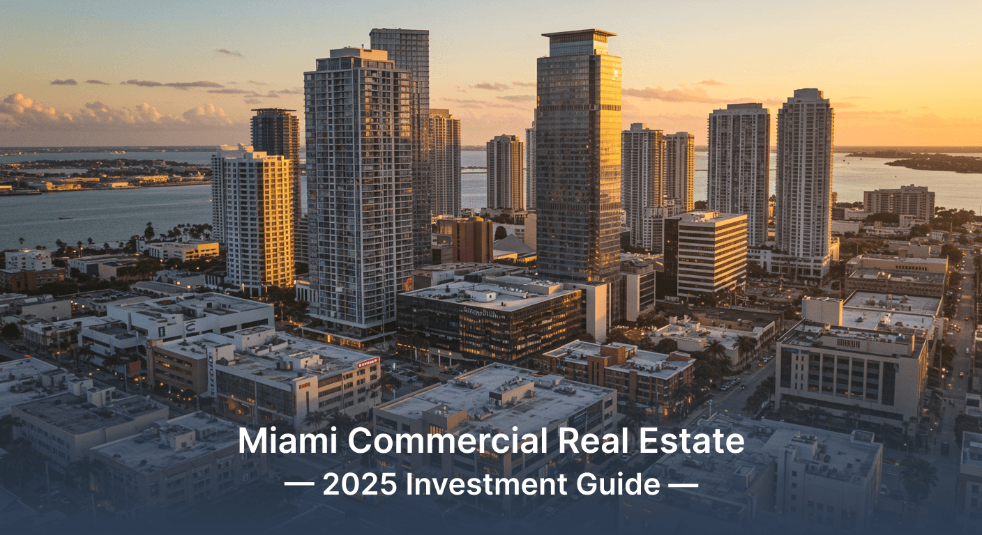 Skyline of Downtown Miami showing office towers, retail buildings, and waterfront view under clear skies.