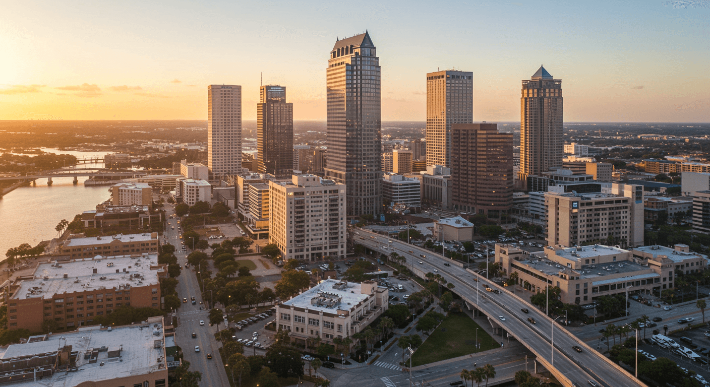 Aerial view of Downtown Tampa FL with commercial buildings, skyline, and waterfront