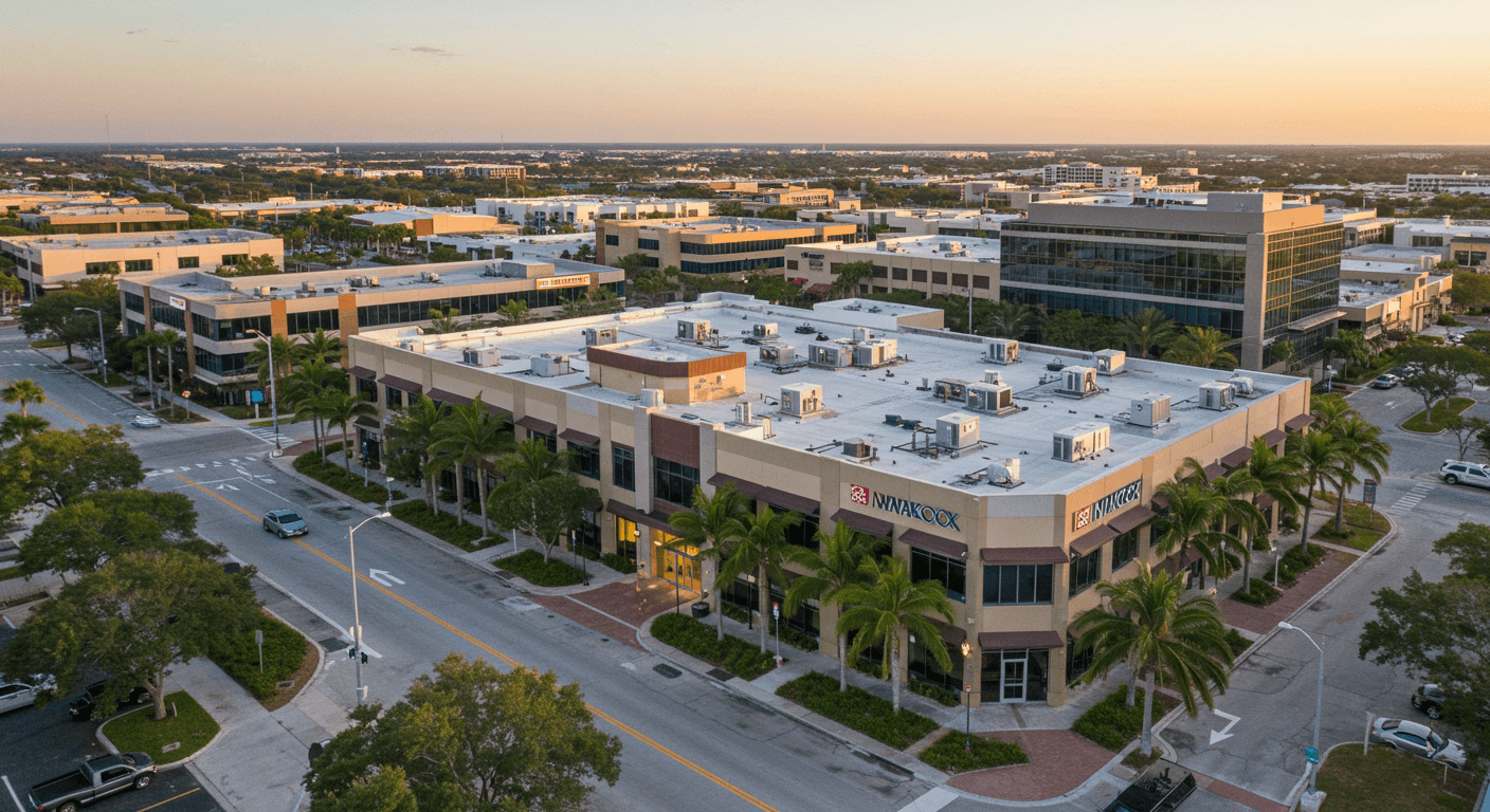Aerial view of Florida commercial properties including offices and retail buildings under bright sunlight
