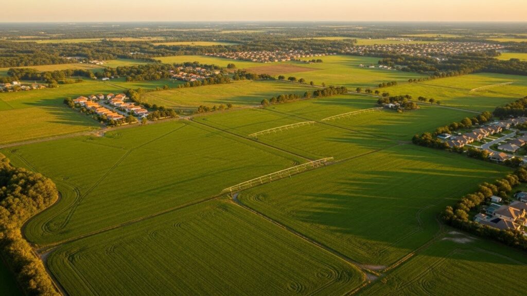 Aerial view of farmland in Florida showing agricultural fields and surrounding rural landscape