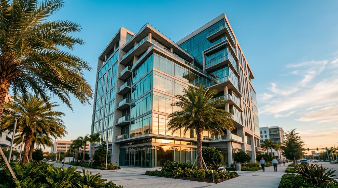 Modern commercial real estate building in Florida at sunset with palm trees and glass facade
