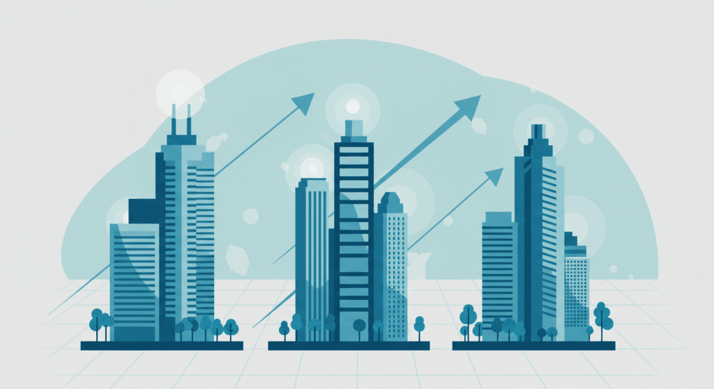 Abstract illustration highlighting growth of Florida triple net properties for sale with modern buildings, upward arrows, and glowing metro area clusters.