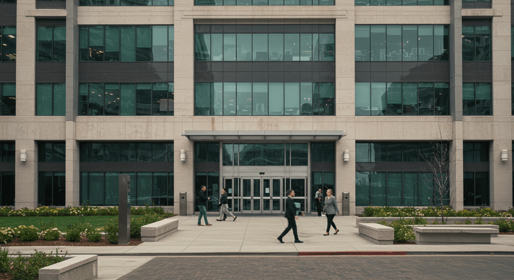 Modern office building in the U.S. with glass façade, landscaped areas, and people entering, representing the future of office space.