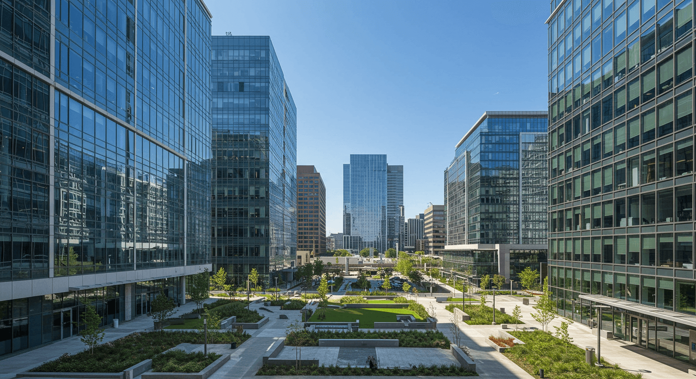 Modern U.S. office skyline with contemporary glass buildings, landscaped green areas, and natural lighting.