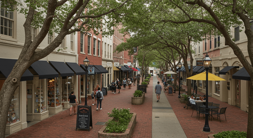 Street-level view of Hyde Park Village in Tampa Florida, one of the best neighborhoods in Tampa Florida for retail investment with boutique shops and cafés.