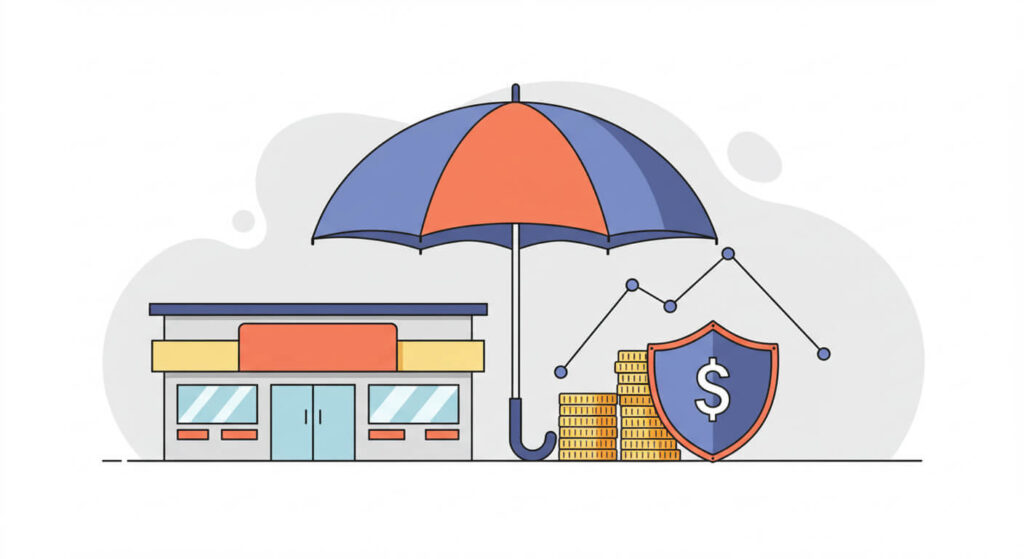 Concept illustration of protection and cost trade-offs (umbrella, shield, coins) affecting NOI/DSCR when Buying Retail Property in Florida.