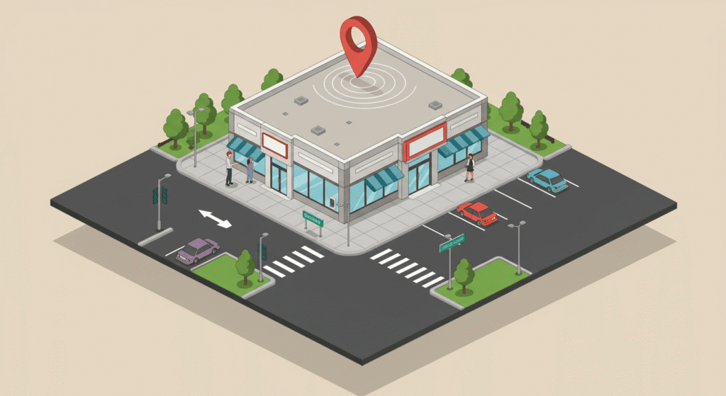 Isometric strip center showing parking, landscaped median, and ingress/egress lanes—visualizing access and visibility when Buying Retail Property in Florida.