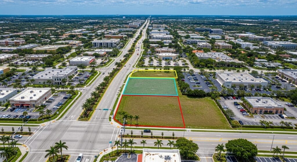 Aerial view of land for sale in West Palm Beach near major roads and surrounding commercial development