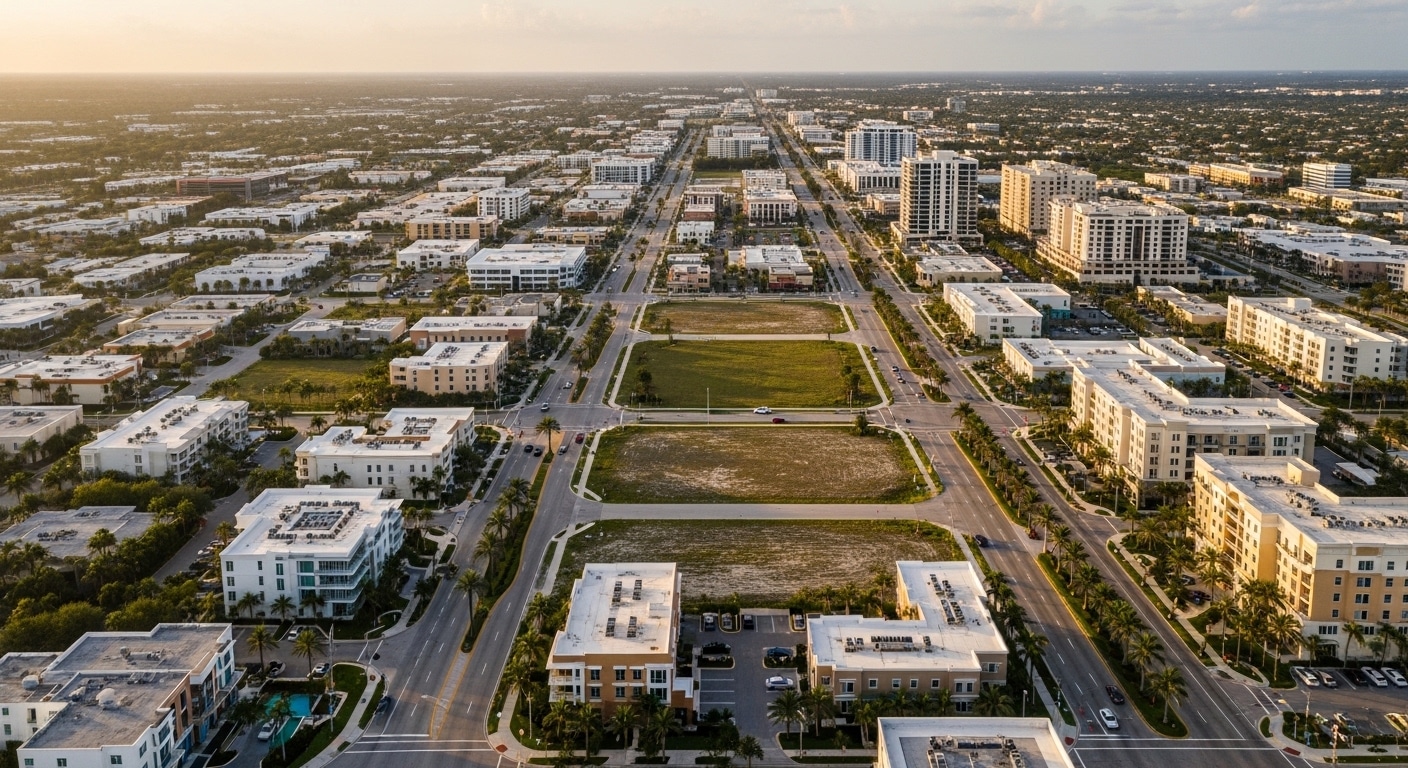 Aerial view of West Palm Beach with commercial corridors and development-ready land parcels in South Florida