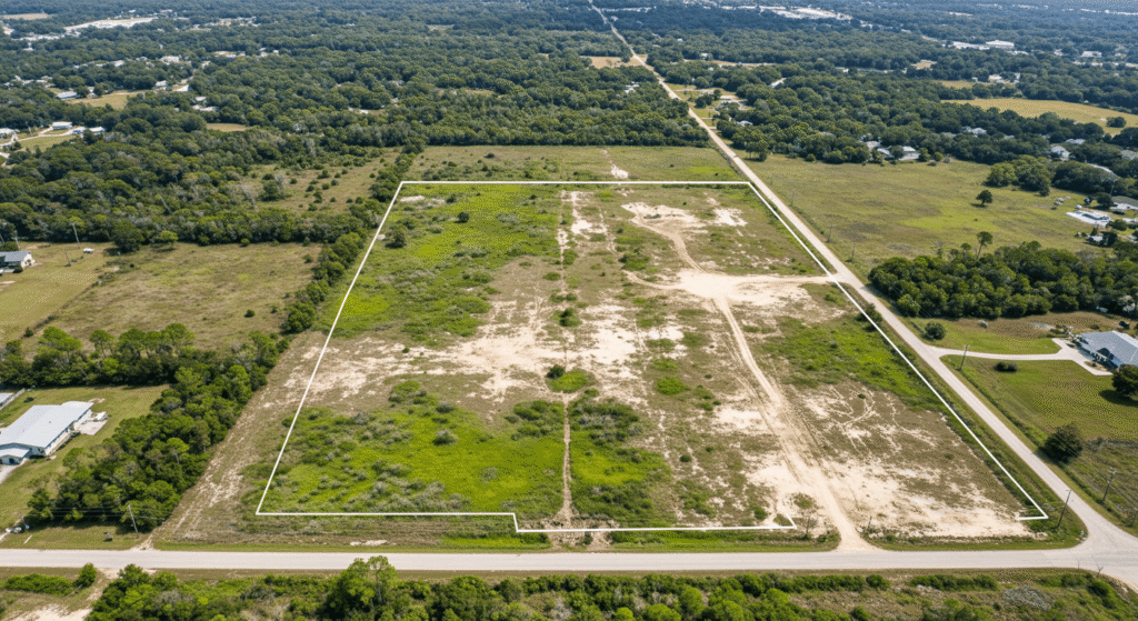 Large unimproved lot in Florida with vegetation, sandy soil, and dirt access road.