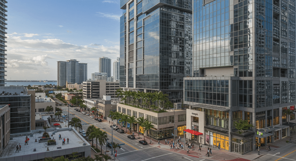 Miami business district with glass office towers, busy streets, and retail storefronts, showcasing commercial property for sale Florida.
