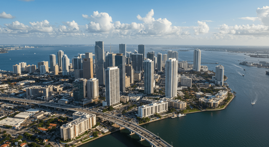 Commercial real estate in Miami FL skyline view with office buildings and retail zones