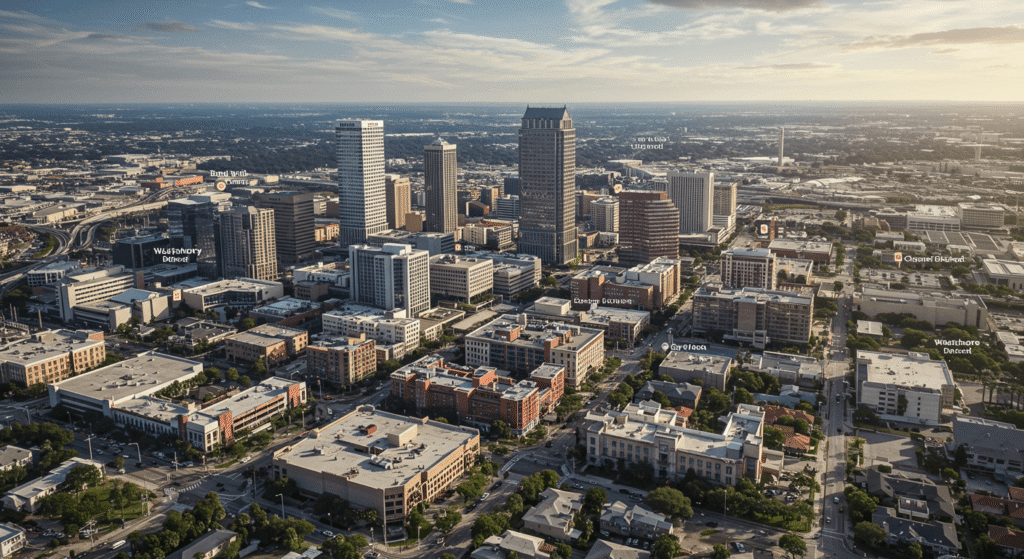 Commercial real estate zones in Tampa FL including Downtown, Ybor City, Westshore, and Channel District