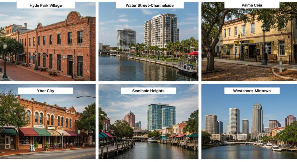 Collage of the best neighborhoods in Tampa Florida for retail investment, featuring Hyde Park Village, Water Street, Palma Ceia, Ybor City, Seminole Heights, and Westshore–Midtown.