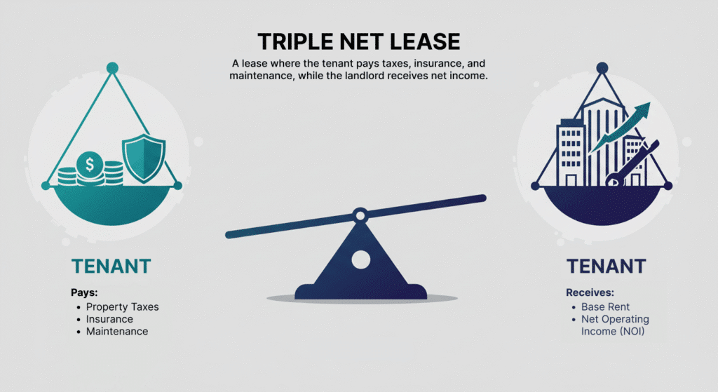 Balanced scale infographic showing triple net properties for sale structure with tenant covering taxes, insurance, maintenance and landlord receiving rent and NOI.