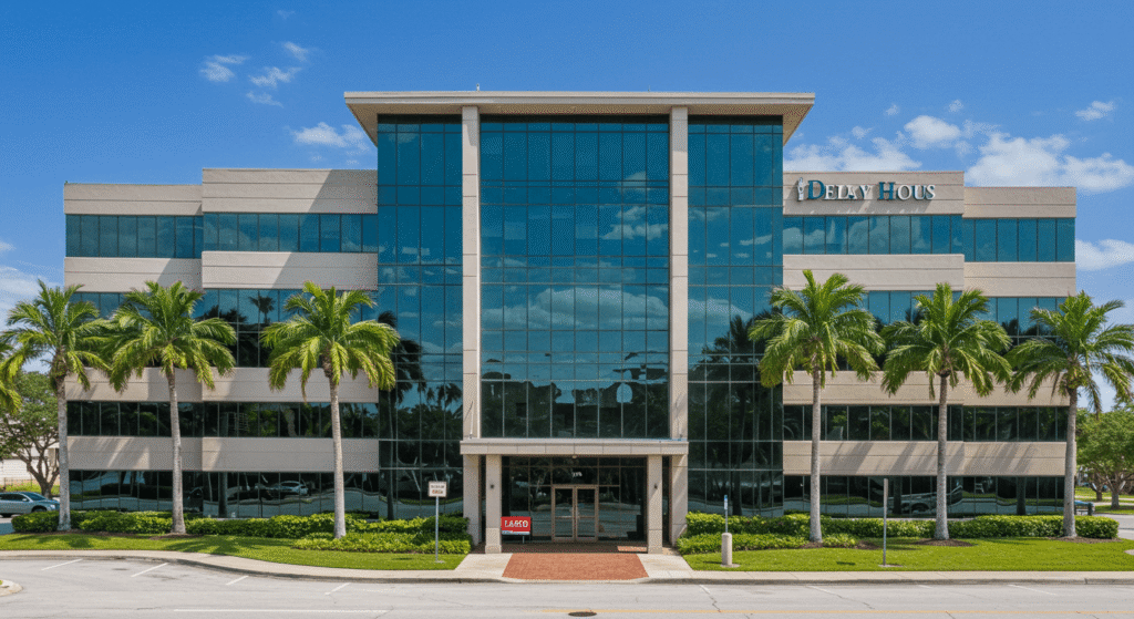 Turnkey real estate office building in Florida with leased sign and glass façade reflecting palm trees.