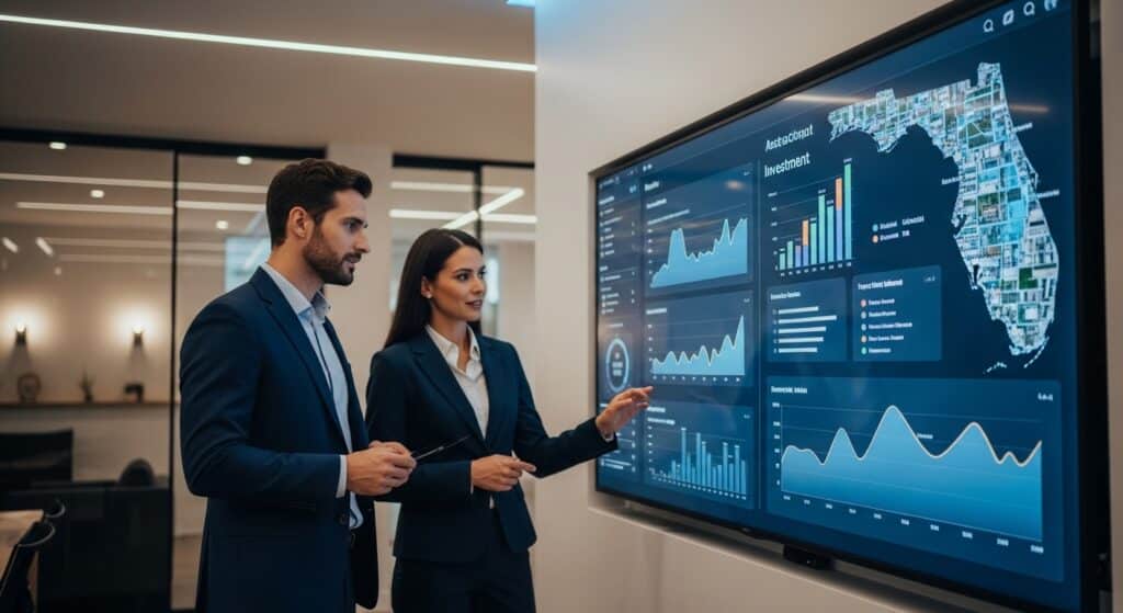 What is a commercial real estate broker reviewing Florida investment analytics and market performance with an investor